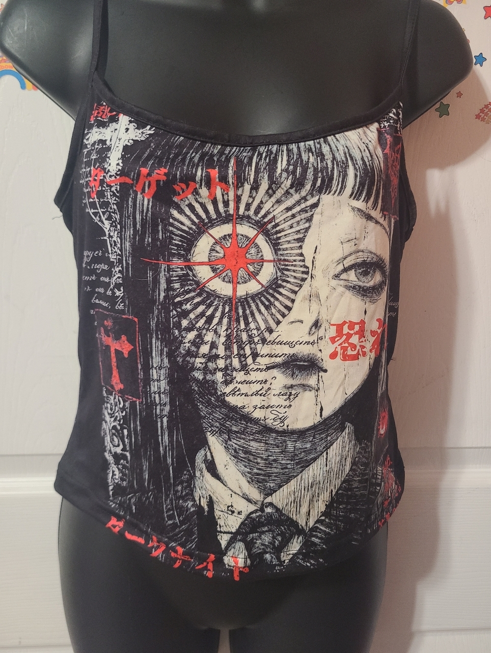 ROMWE JUNGI ITO MANGA/ Anime-Inspired Spaghetti Strap Camisole w/ Red Accents